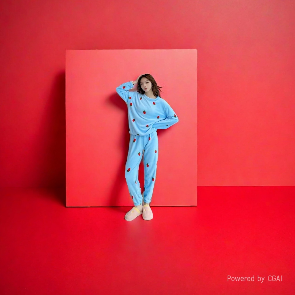 蓝色草莓图案女士家居服套装真丝法兰绒睡衣女性居家舒适透气