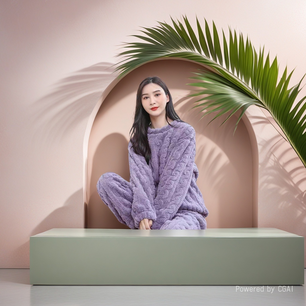 紫色毛绒法兰绒女士睡衣套装家居服真丝舒适保暖居家慵懒风