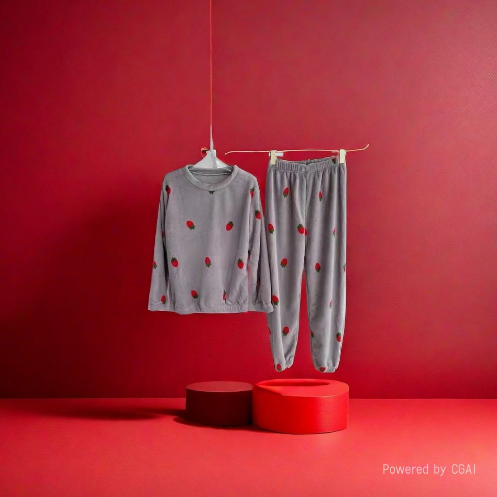 灰色草莓图案童家居服睡衣套装宝宝睡衣拉架棉儿童莫代尔棉婴幼儿分体衣服