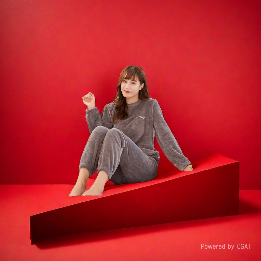 灰色珊瑚绒女士家居服套装 睡衣法兰绒真丝睡衣居家舒适保暖