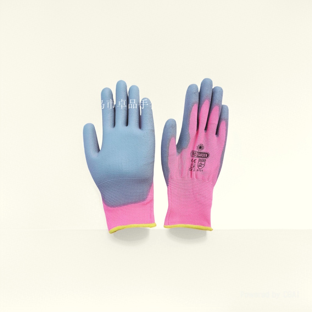 Factory direct sales of 13-needle pink nylon yarn coated grey PU anti-static and anti-slip work protection gloves Specification drawing