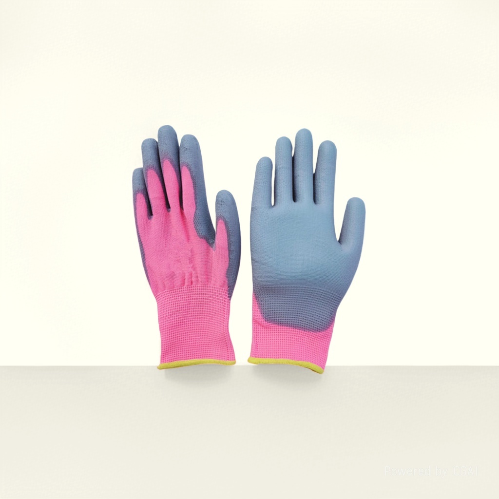 厂家直销13针粉色尼龙纱涂胶灰色PU防静电防滑劳保手套