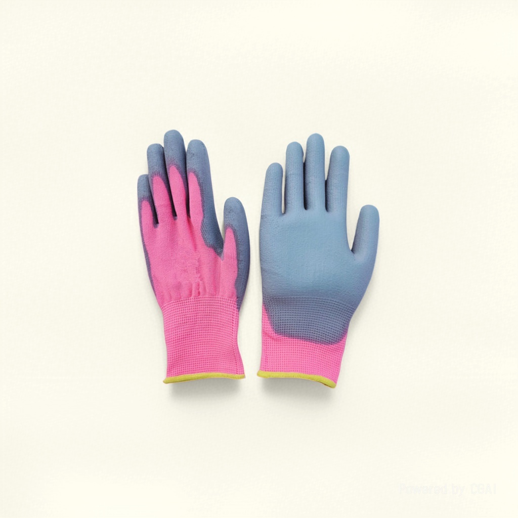 Factory direct sales of 13-needle pink nylon yarn coated grey PU anti-static and anti-slip work protection gloves details Picture