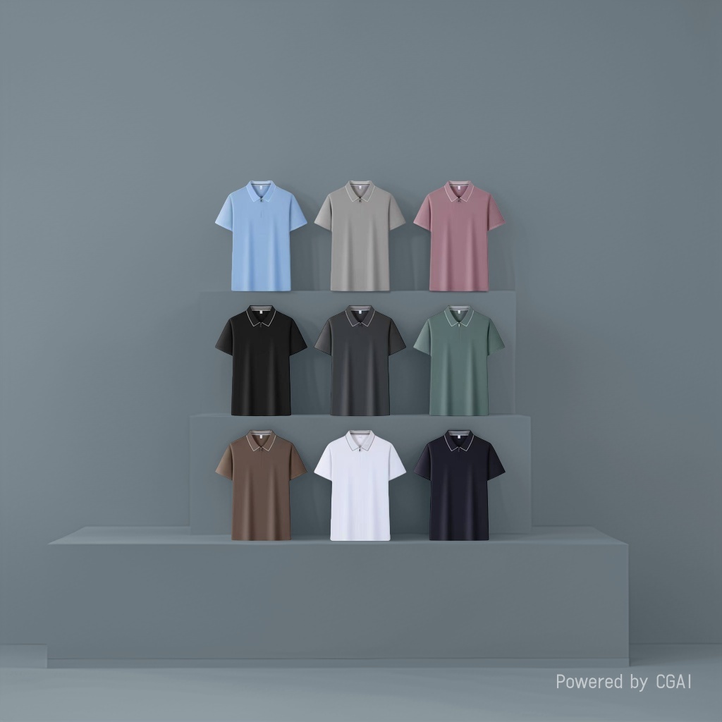 A multi-color short-sleeved POLO shirt set with a lapel and zipper design, a trendy brand for men's large-sized spring tops