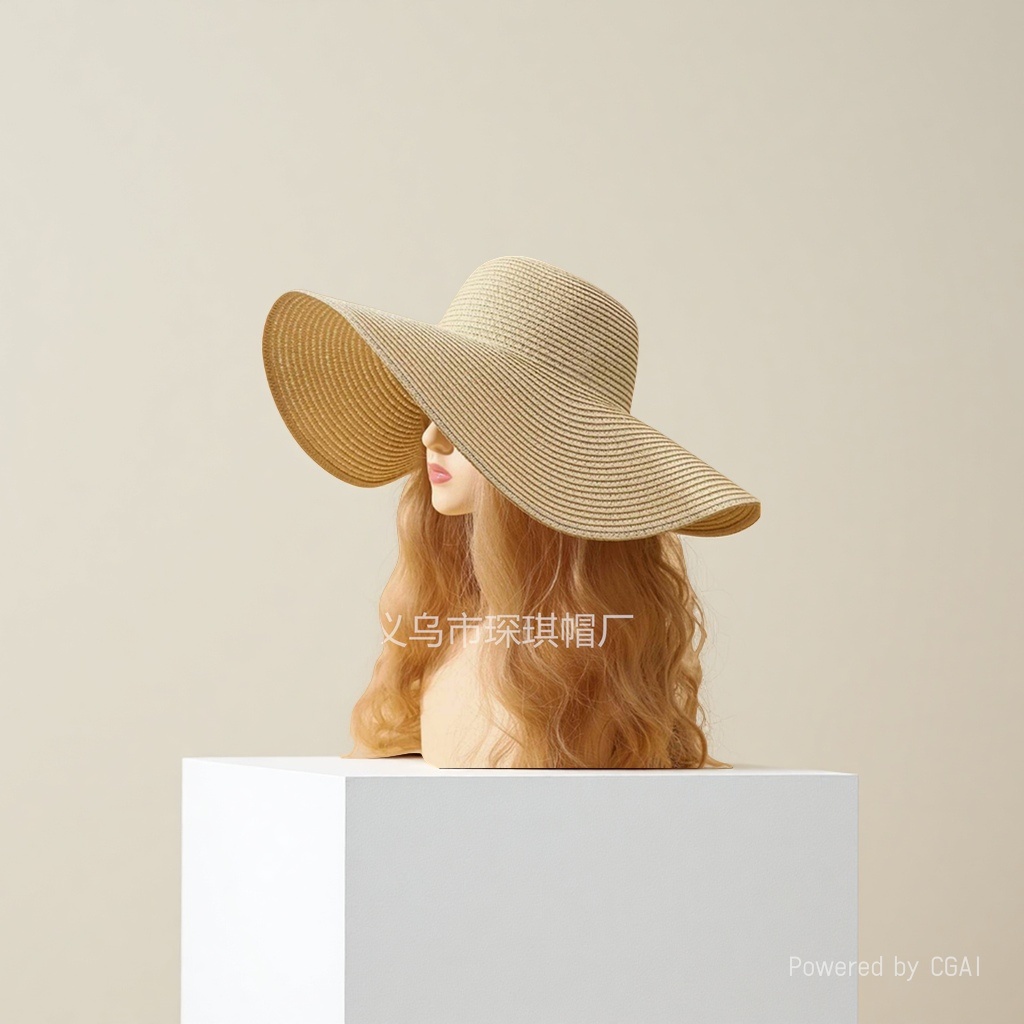 Ladies' summer solid-color wide-brimmed straw hats, adult sun protection and shading hats, outdoor casual and breathable details Picture