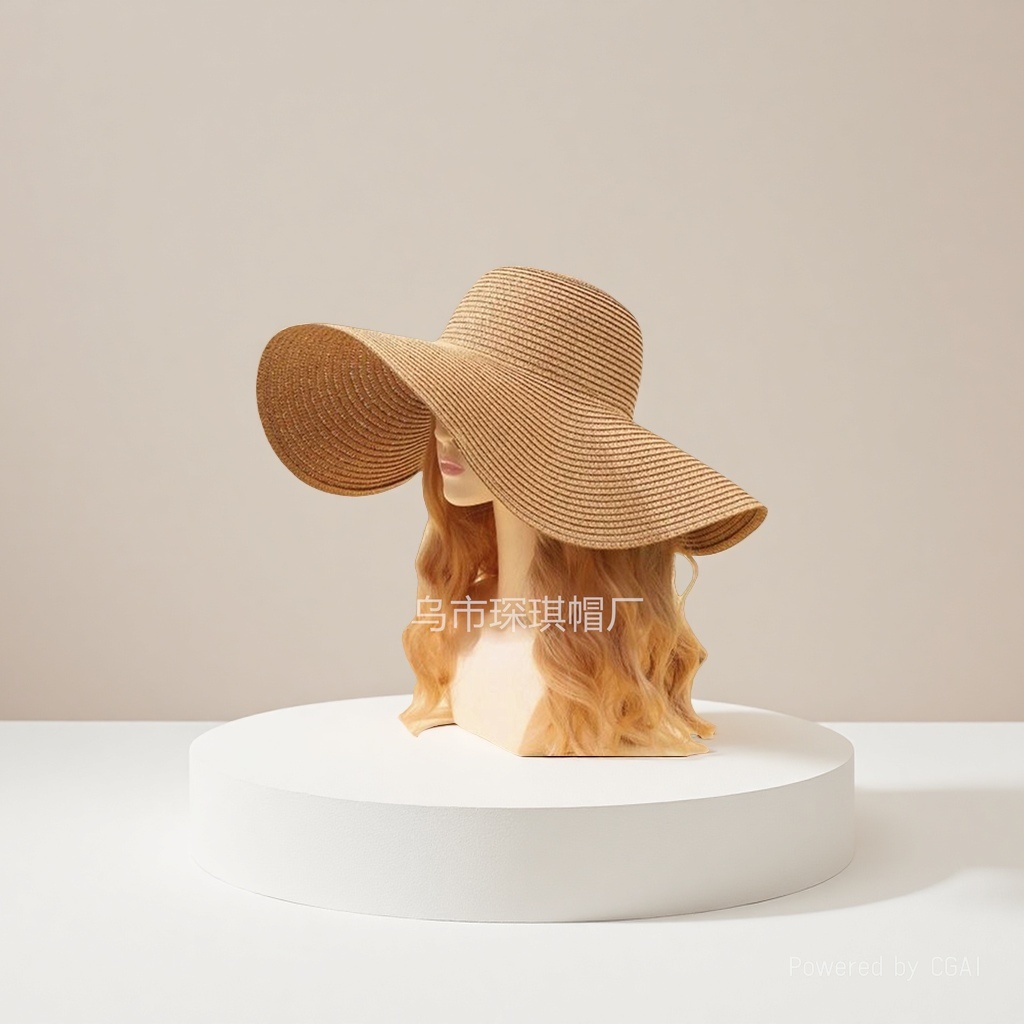 Ladies' summer solid-color wide-brimmed straw hats, adult sun protection and shading hats, outdoor casual and breathable Specification image