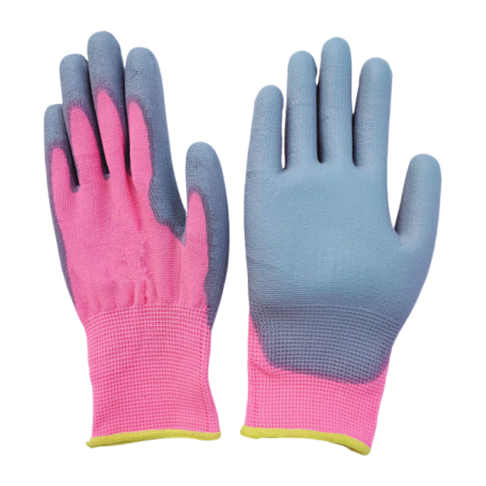 Factory direct sales of 13-needle pink nylon yarn coated grey PU anti-static and anti-slip work protection gloves Item Picture