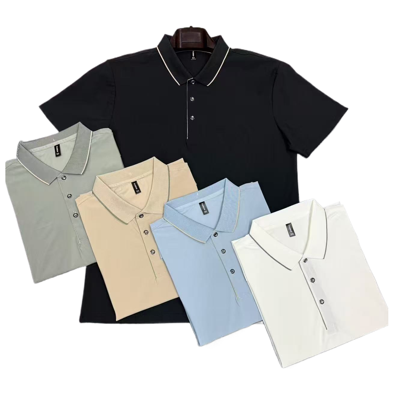 Five-piece multi-color men's Polo shirt made of brocade and Anta stripe fabric, 48-56 size spring wear men's large-sized short-sleeved top Item Picture