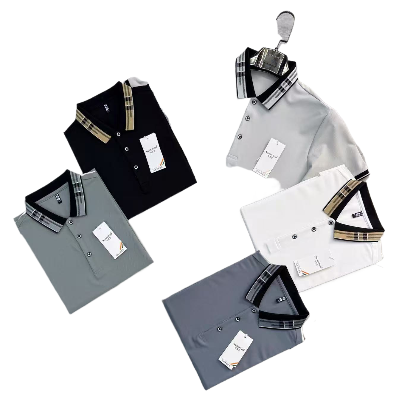Five-piece men's short-sleeved Polo shirt, black, gray, light gray, white, dark gray checkered collar, brand label, spring wear men's large-sized trendy top Item Picture