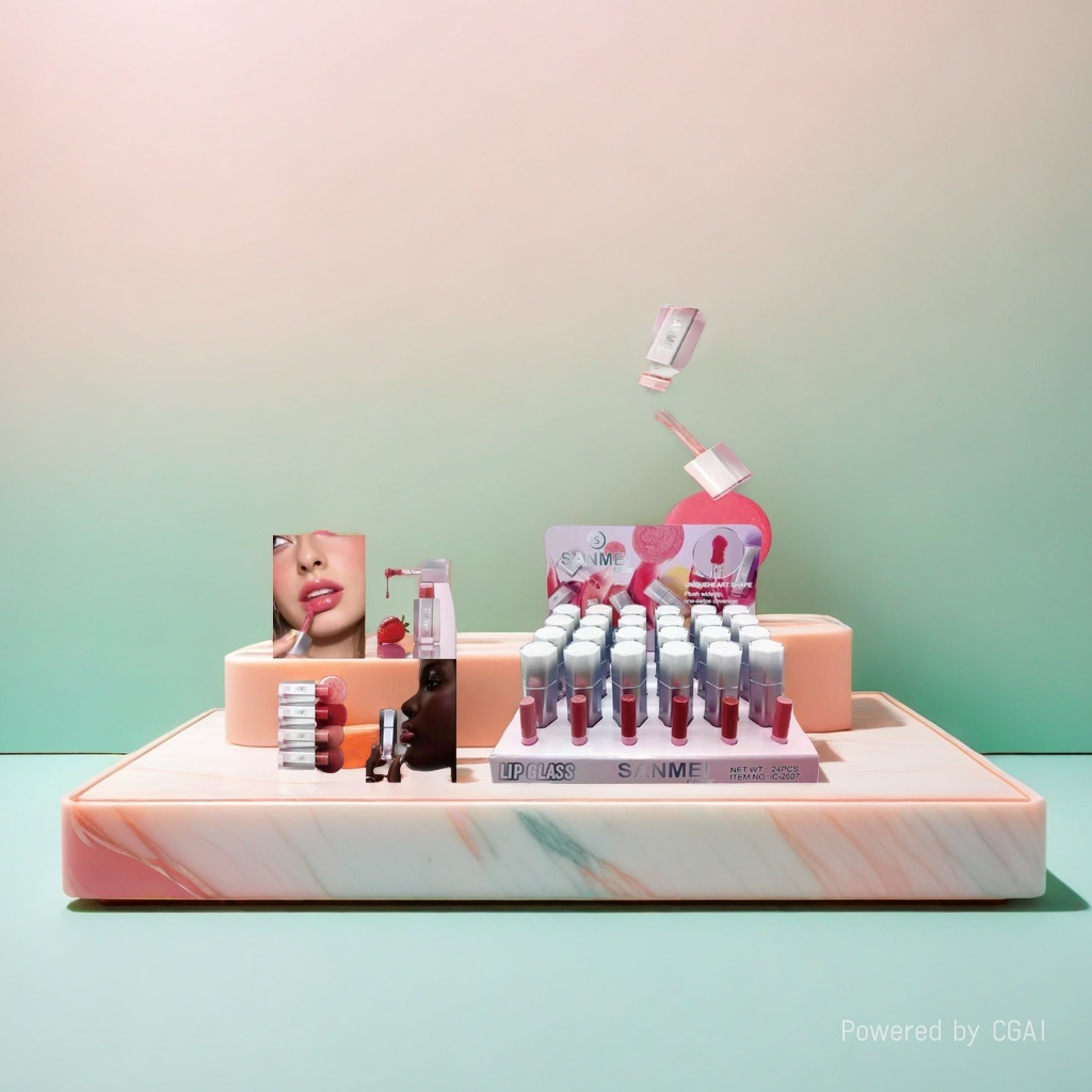 SANMEI lip Gloss new product display, fashionable color matching, exquisite makeup presentation, beauty trend. details Picture