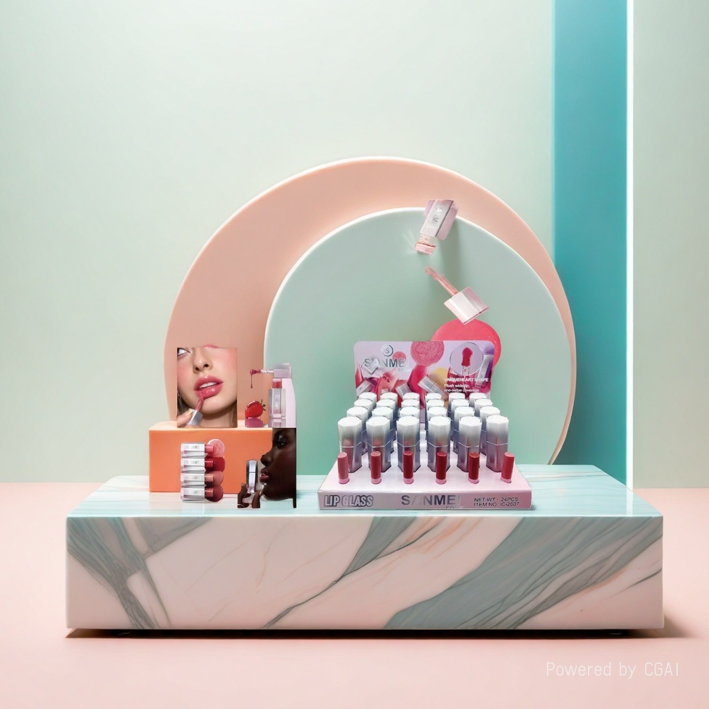 SANMEI lip Gloss new product display, fashionable color matching, exquisite makeup presentation, beauty trend.