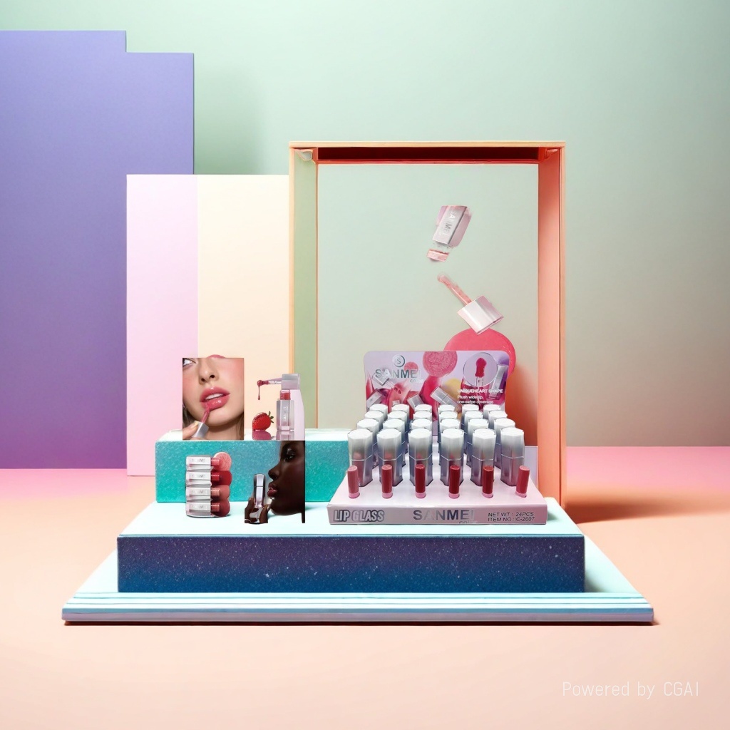 SANMEI lip Gloss new product display, fashionable color matching, exquisite makeup presentation, beauty trend. Application Scenario