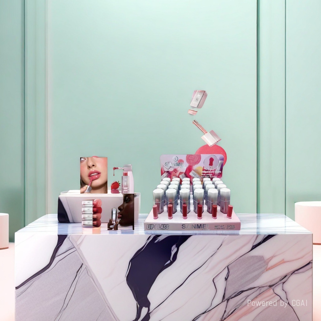 SANMEI lip Gloss new product display, fashionable color matching, exquisite makeup presentation, beauty trend. Specification image