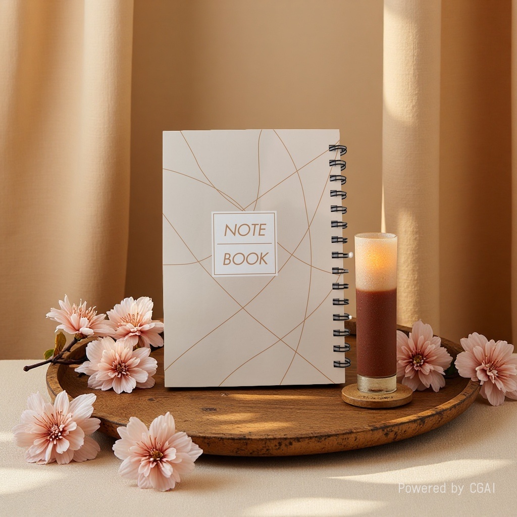 Donghu Paper Products A5 right-flip notebook, Light luxury geometric line coil notebook, beige line cover notebook