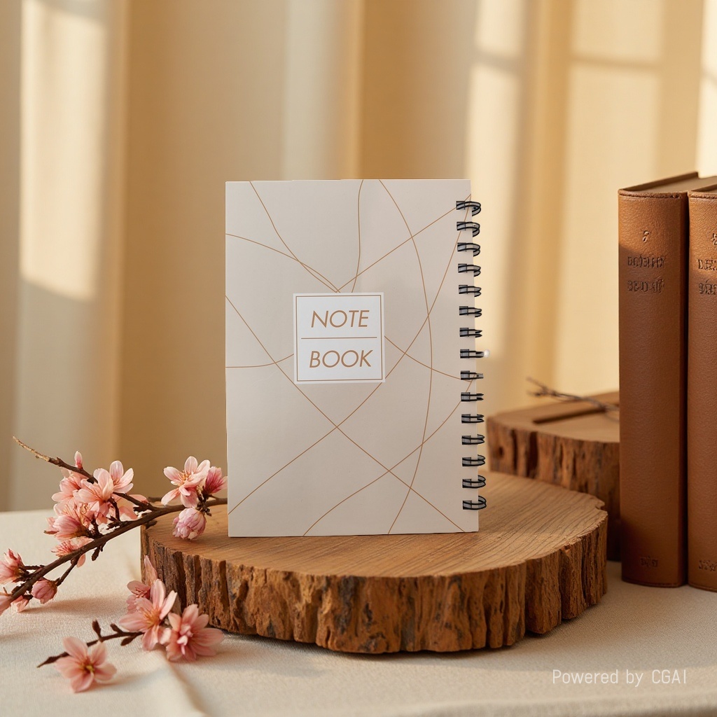 Donghu Paper Products A5 right-flip notebook, Light luxury geometric line coil notebook, beige line cover notebook Specification image