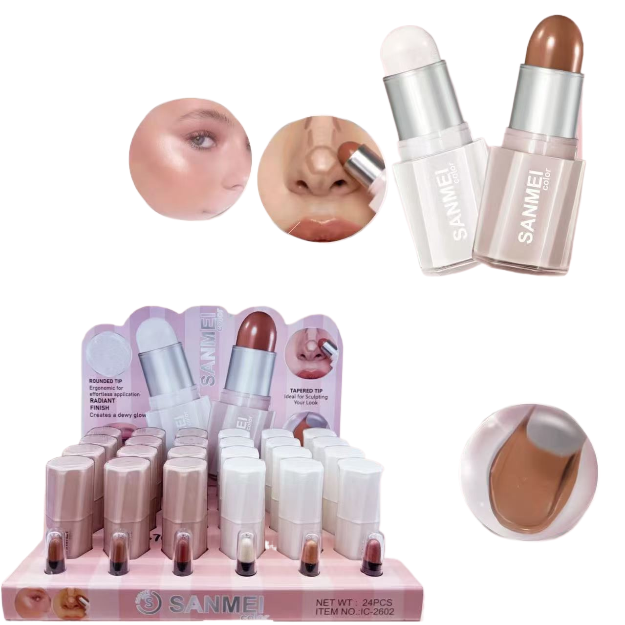 SANMEI Contouring stick, round tip brightening, pointed tip sculpting, 24-hour makeup retention, silky cream texture, creating natural radiant skin. Item Picture