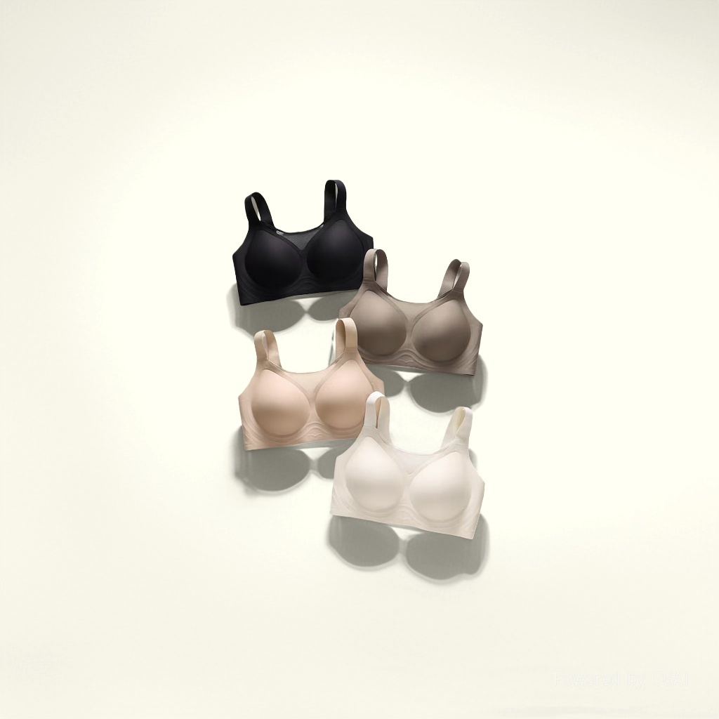 Four colors of bras without underwire are laid out to show black, gray, skin tone and white plus-size underwear, presenting a European and American style Specification image