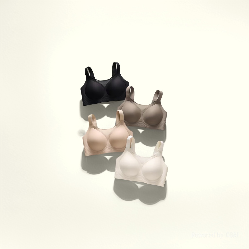 Four colors of bras without underwire are laid out to show black, gray, skin tone and white plus-size underwear, presenting a European and American style details Picture