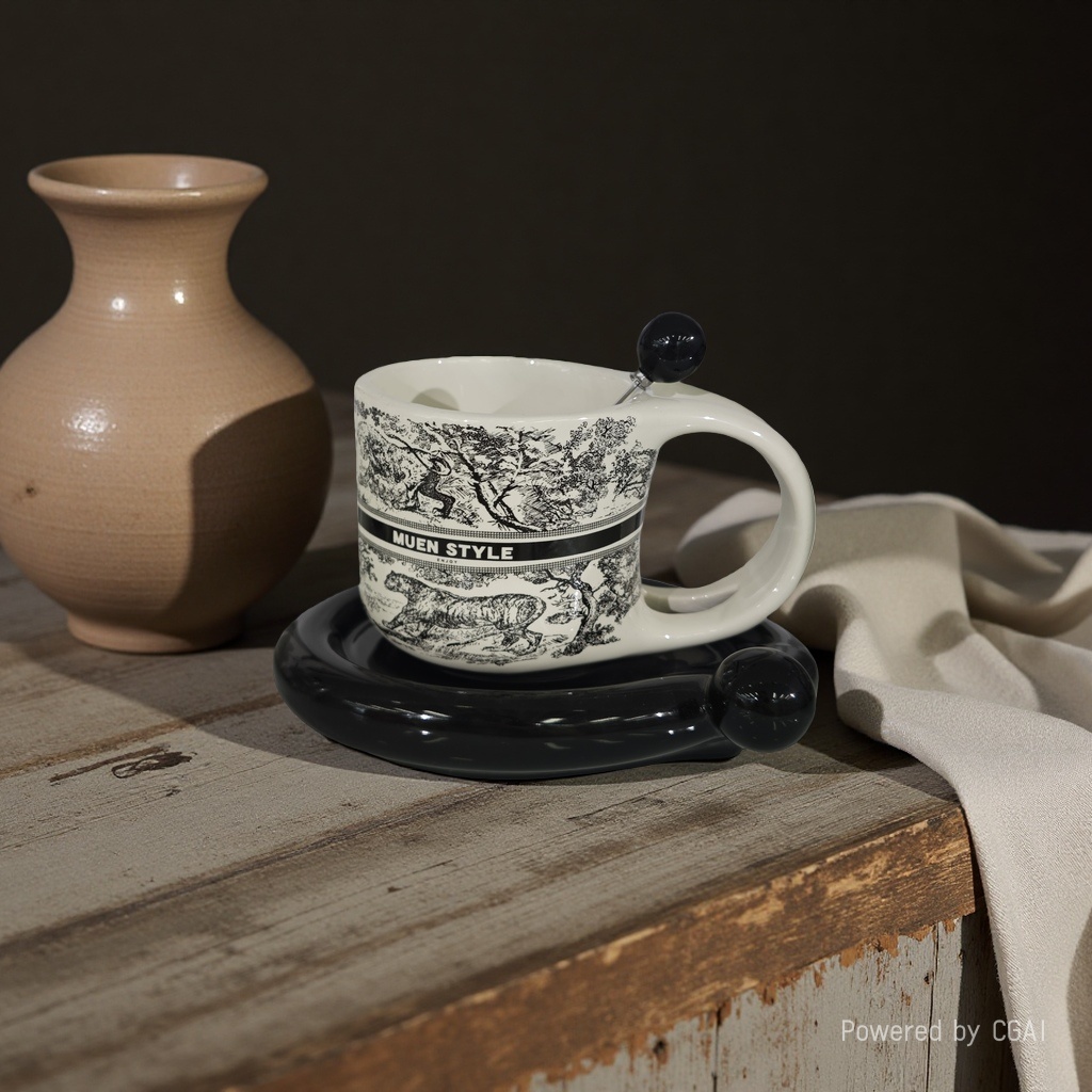 National Trend double-line cup and saucer - Jungle (with spoon) Ceramic Cup 180ml Ceramic Cup Simple Style Gift Home Cup Application Scenario
