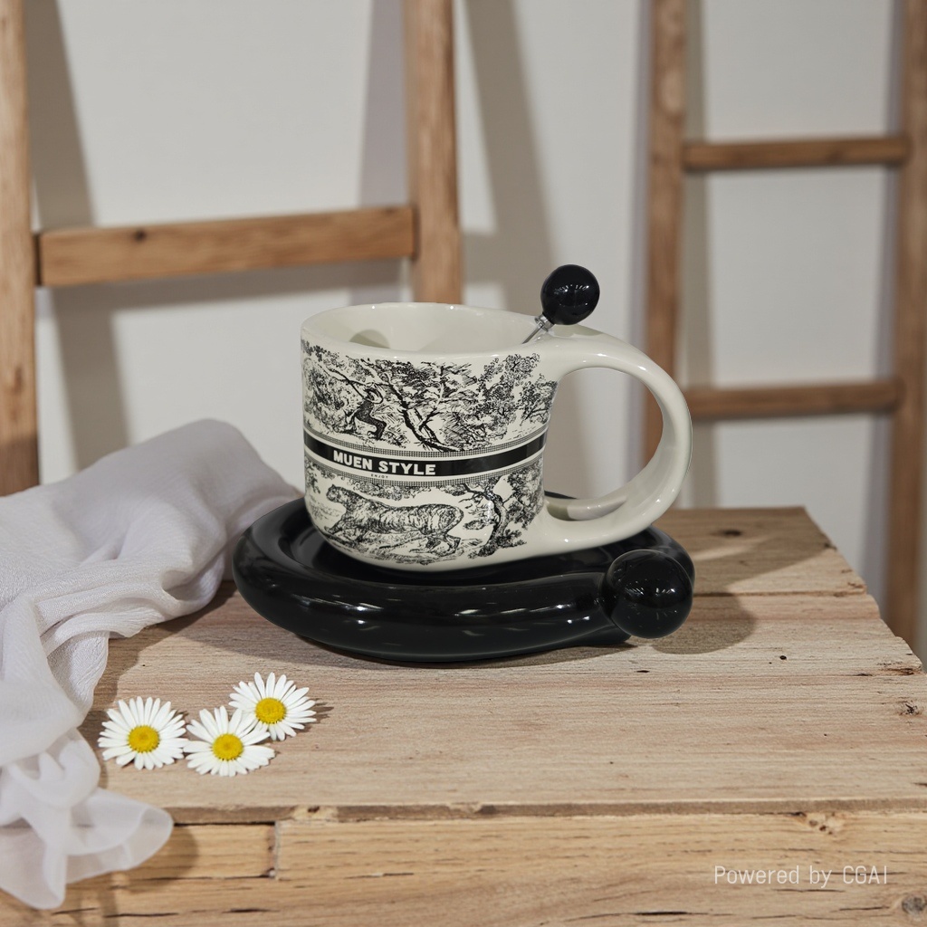 National Trend double-line cup and saucer - Jungle (with spoon) Ceramic Cup 180ml Ceramic Cup Simple Style Gift Home Cup details Picture