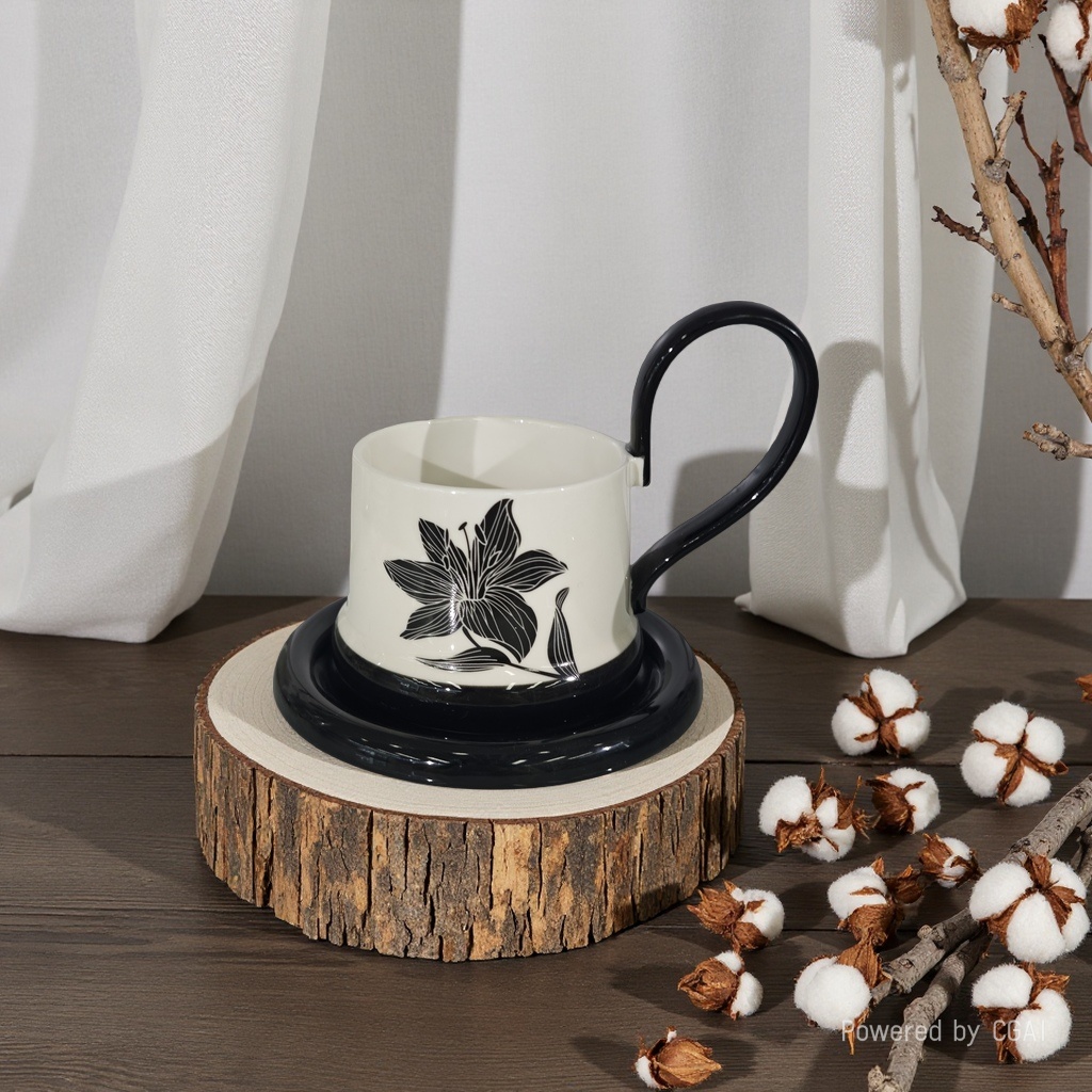 National trend ink-wash lily ceramic cup, a fresh and simple household ceramic cup Specification image