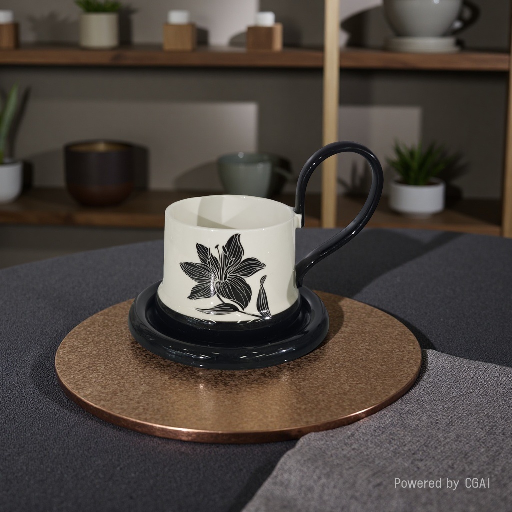 国潮水墨百合陶瓷杯陶瓷杯子清新简约家用杯陶瓷