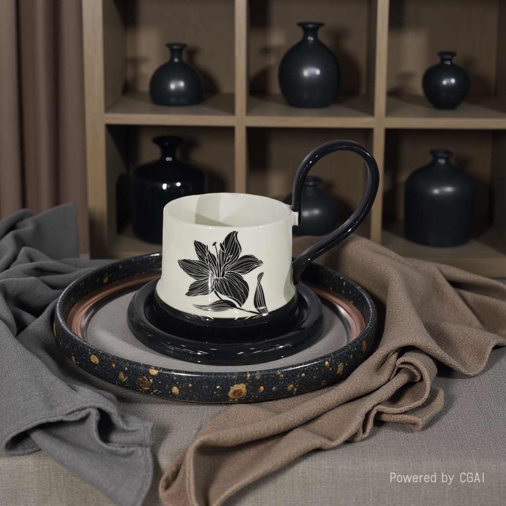 National trend ink-wash lily ceramic cup, a fresh and simple household ceramic cup details Picture