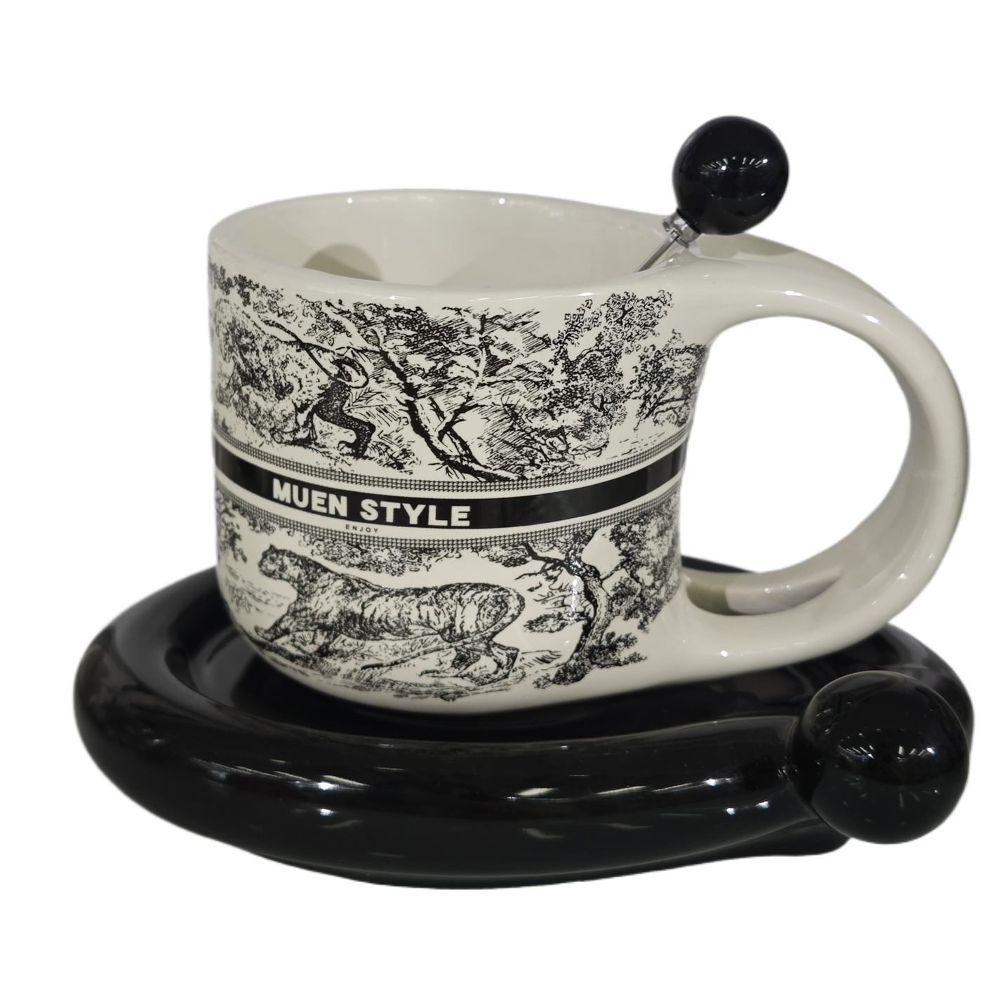 National Trend double-line cup and saucer - Jungle (with spoon) Ceramic Cup 180ml Ceramic Cup Simple Style Gift Home Cup Item Picture