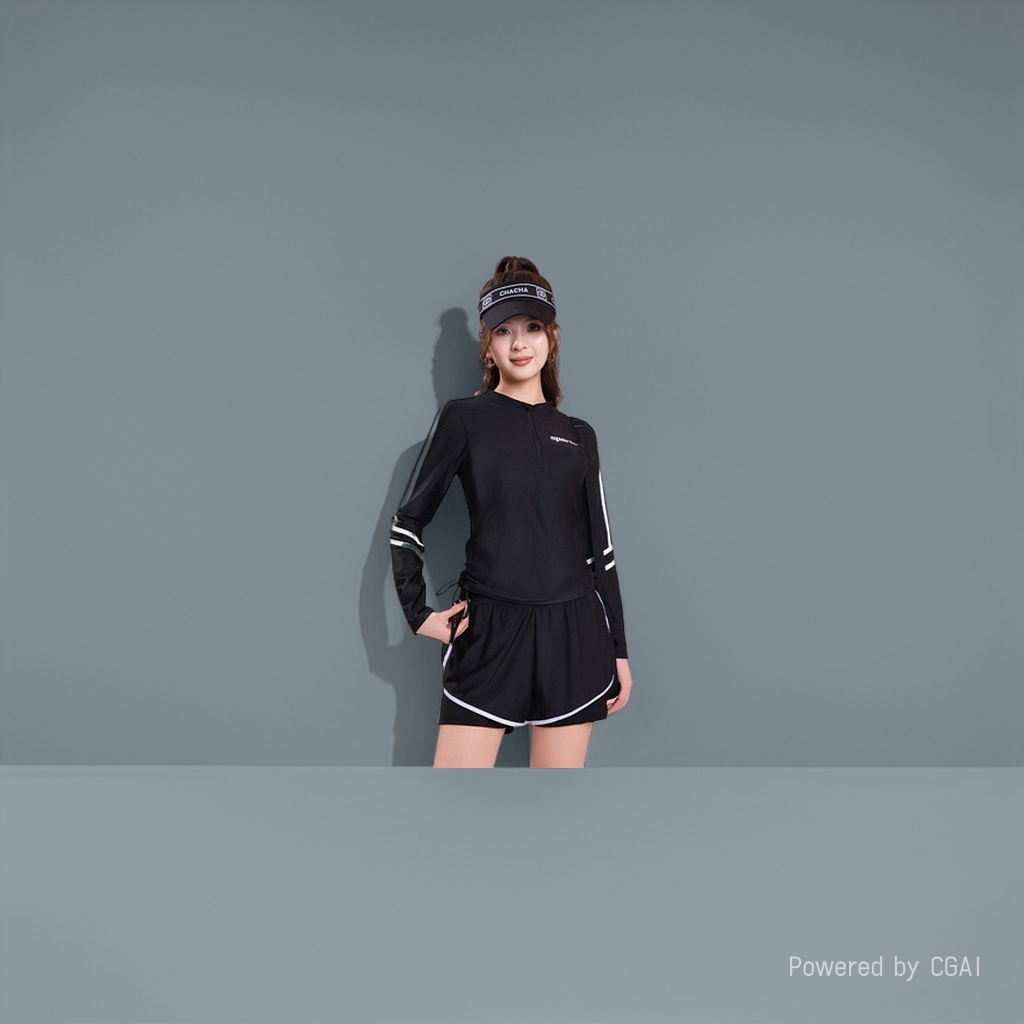 zoke女士连体泳衣微肥条纶背心温泉泳装+模特