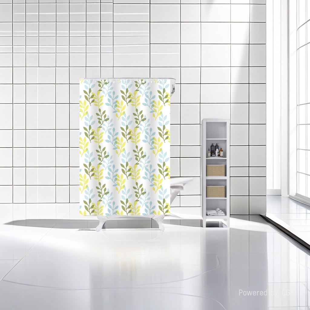 六款布艺浴帘包装好蓝色圆形粉色水滴黑白叶子彩色花朵蓝色浪花黄绿条纹防水隔断帘141445053