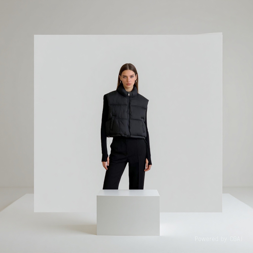 A black down jacket with a thick and warm vest on display by a model details Picture