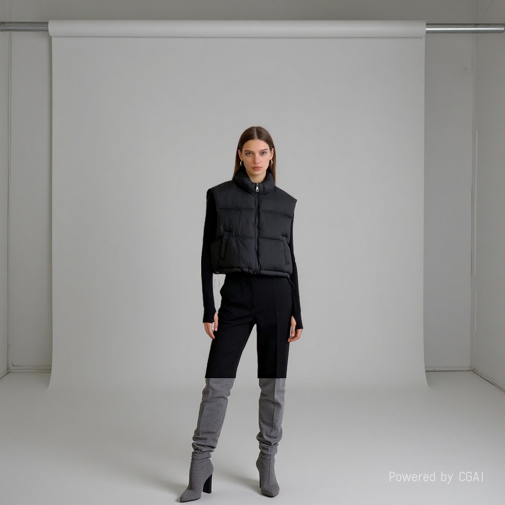 A black down jacket with a thick and warm vest on display by a model Specification image