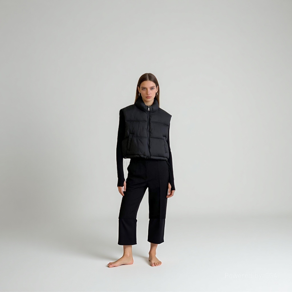 A black down jacket with a thick and warm vest on display by a model Application Scenario