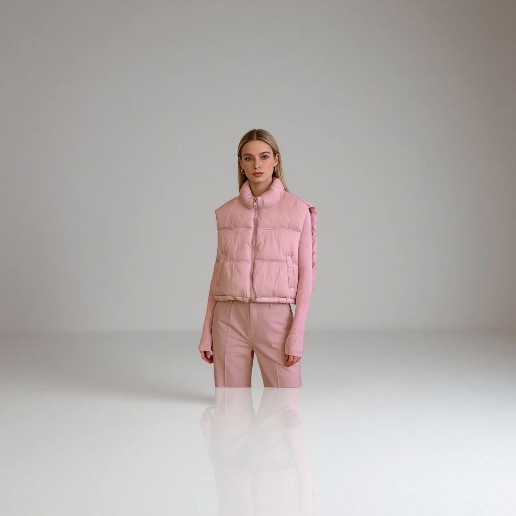 粉色羽绒马甲女款加厚保暖背心模特穿搭