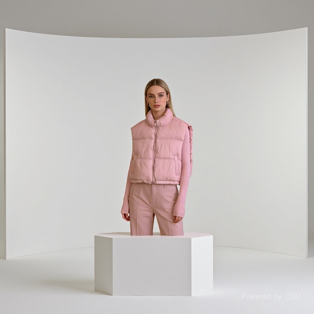 A thick and warm pink down vest for women, a model's outfit Specification image