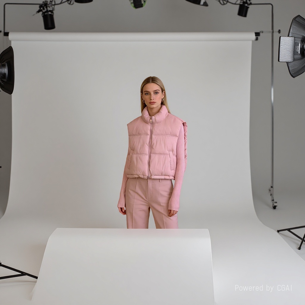 A thick and warm pink down vest for women, a model's outfit Application Scenario