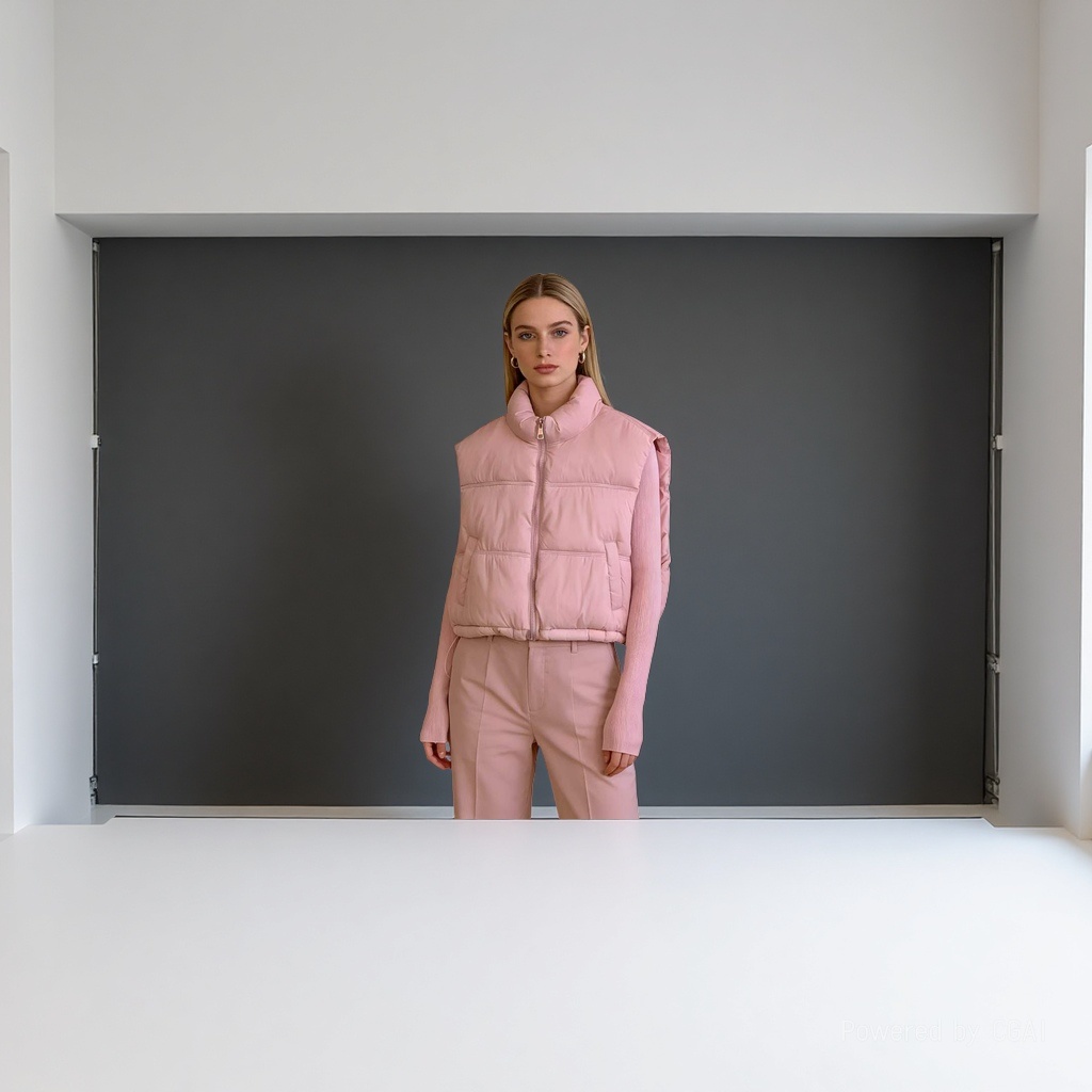 A thick and warm pink down vest for women, a model's outfit details Picture