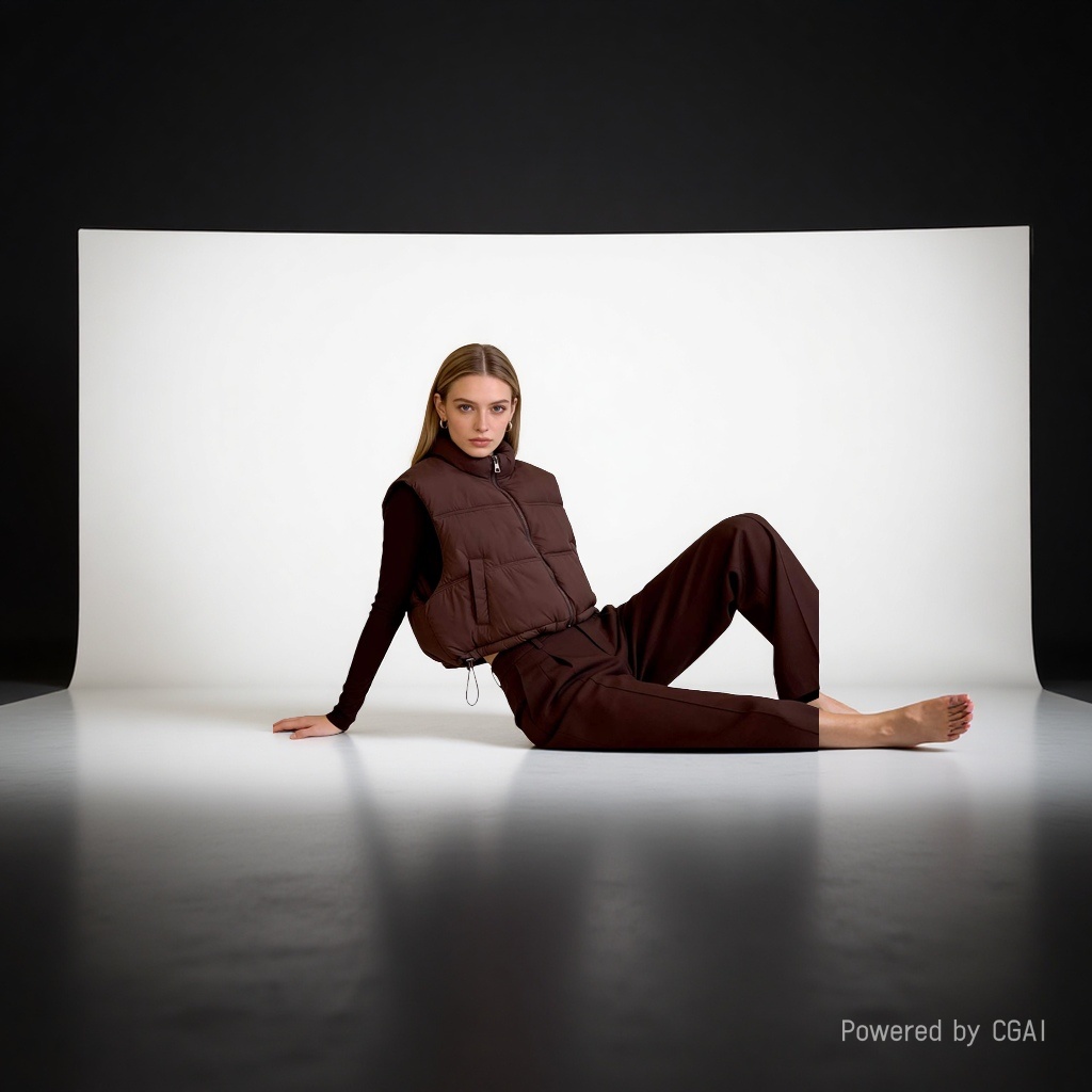 A model shows a thick brown down vest and a warm vest Application Scenario