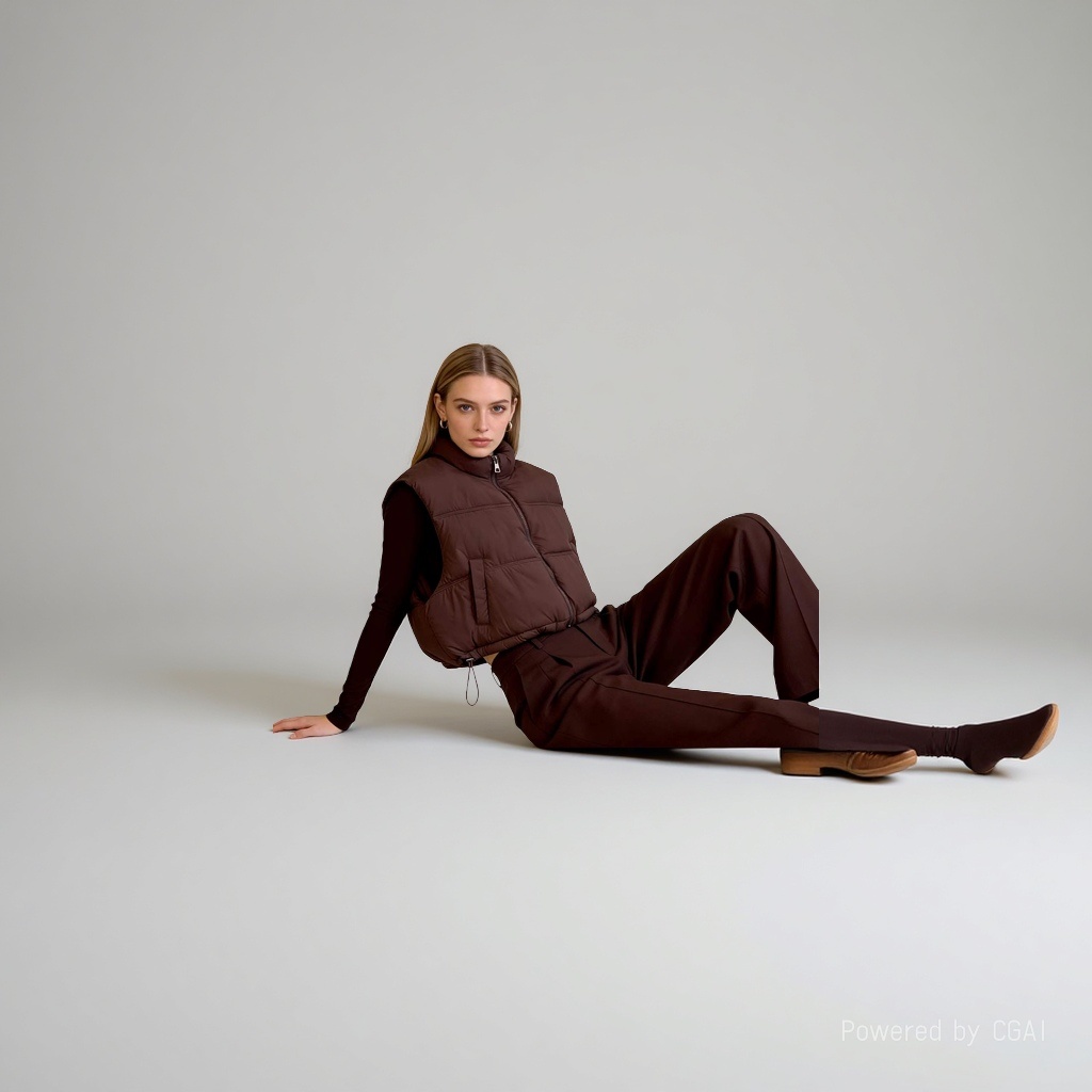 A model shows a thick brown down vest and a warm vest details Picture