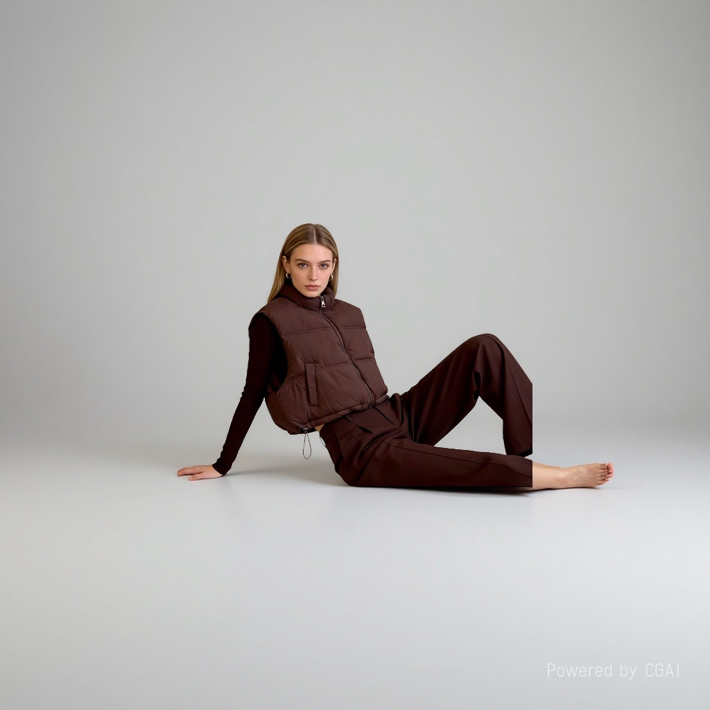 A model shows a thick brown down vest and a warm vest Specification image