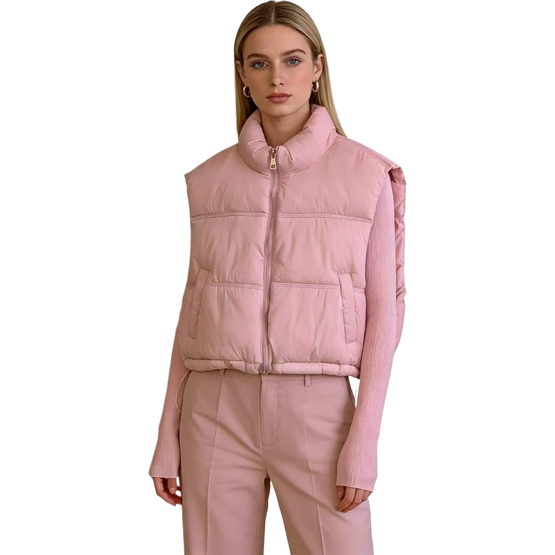A thick and warm pink down vest for women, a model's outfit Item Picture