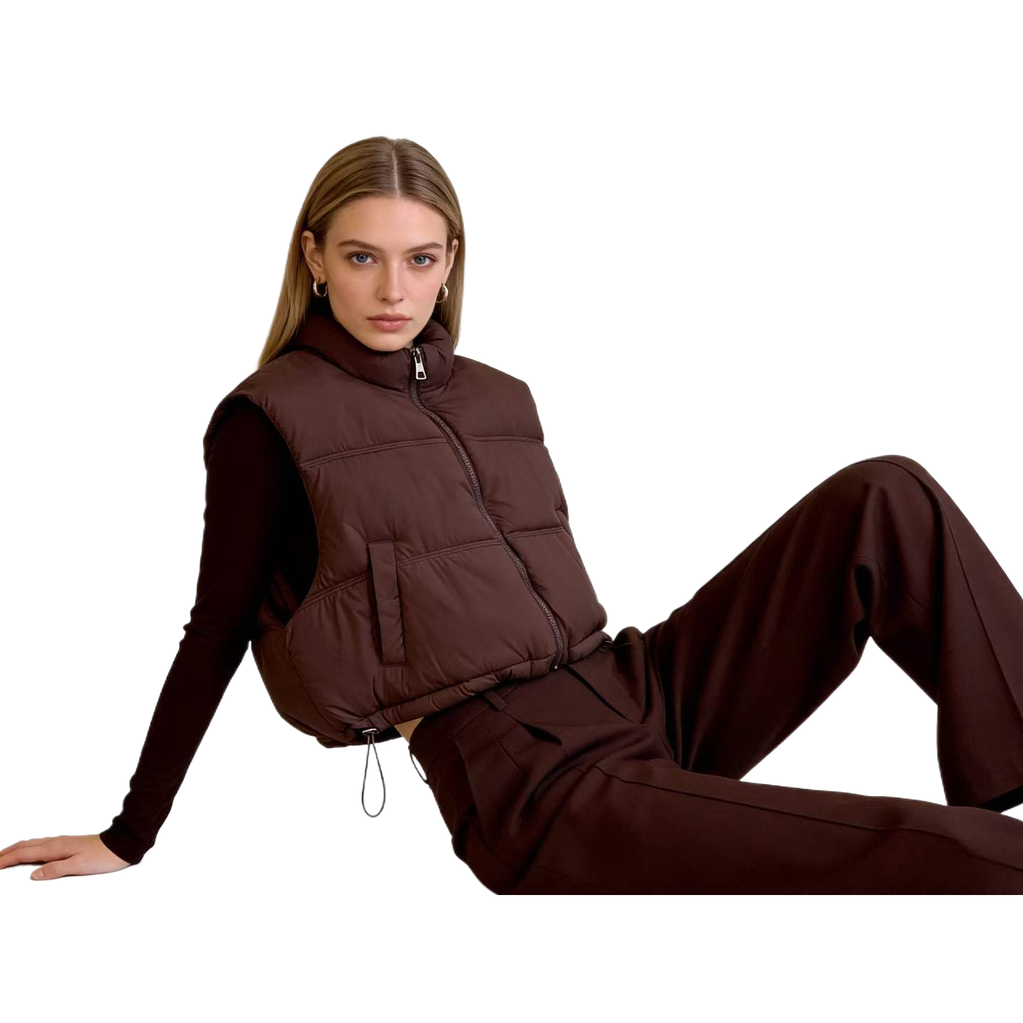 A model shows a thick brown down vest and a warm vest Item Picture