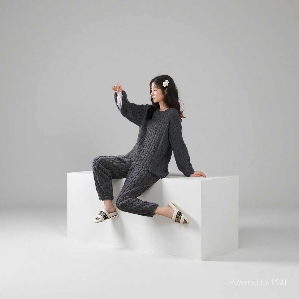 灰色毛绒家居服套装女时尚休闲韩版宽松女装chuu尾货遮阳帽
