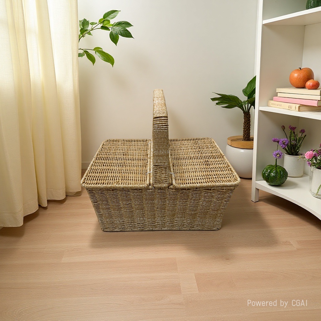 Imitation rattan woven storage basket, plastic PP material woven rope storage basket, dirty clothes basket storage basket, household storage fruit basket, flower basket, book storage basket, covered basket Application Scenario