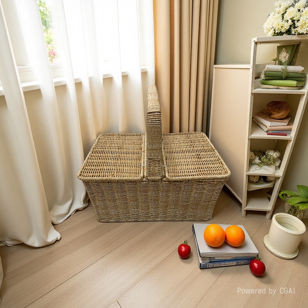 Imitation rattan woven storage basket, plastic PP material woven rope storage basket, dirty clothes basket storage basket, household storage fruit basket, flower basket, book storage basket, covered basket Specification image