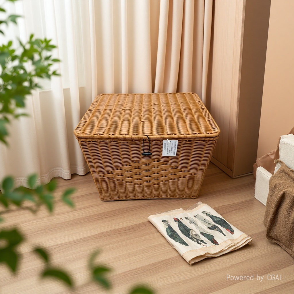Imitation rattan woven storage basket, plastic PP material woven rope storage basket, dirty clothes basket storage basket, household storage basket, book storage basket, covered basket, country style Specification image