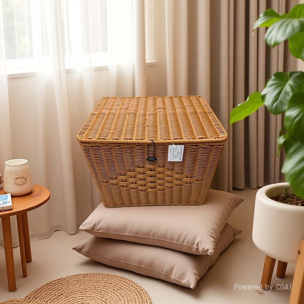 Imitation rattan woven storage basket, plastic PP material woven rope storage basket, dirty clothes basket storage basket, household storage basket, book storage basket, covered basket, country style Item Picture