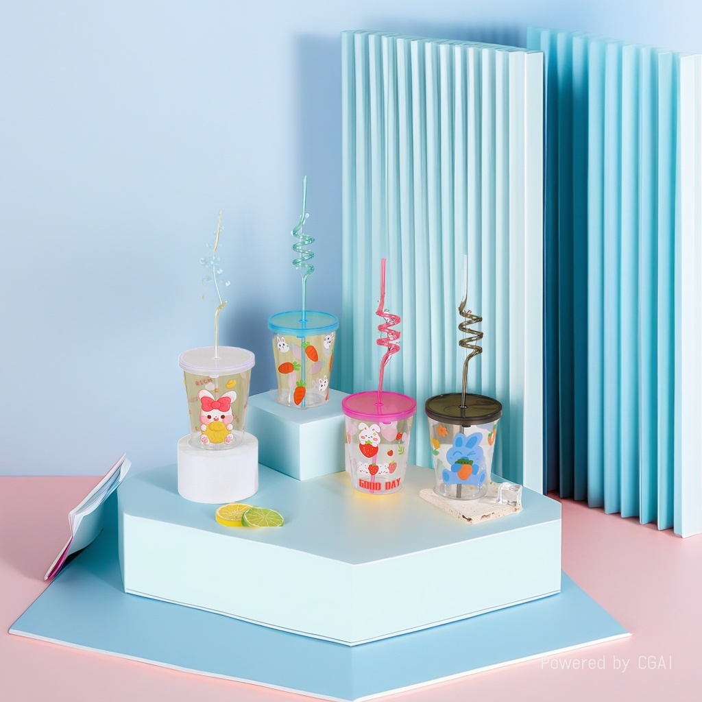 Cartoon animal children's straw cup, high appearance level student drinking plastic cup, pp straw drinking cup, luminous water cup, 1037-6H*400ML details Picture