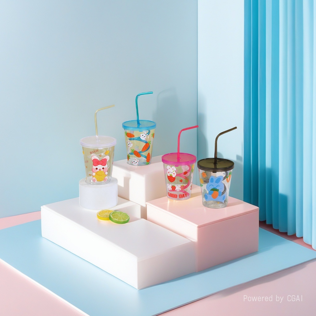Cartoon animal children's straw cup, high appearance level student drinking plastic cup, pp straw drinking cup, luminous water cup, 1037-6H*400ML