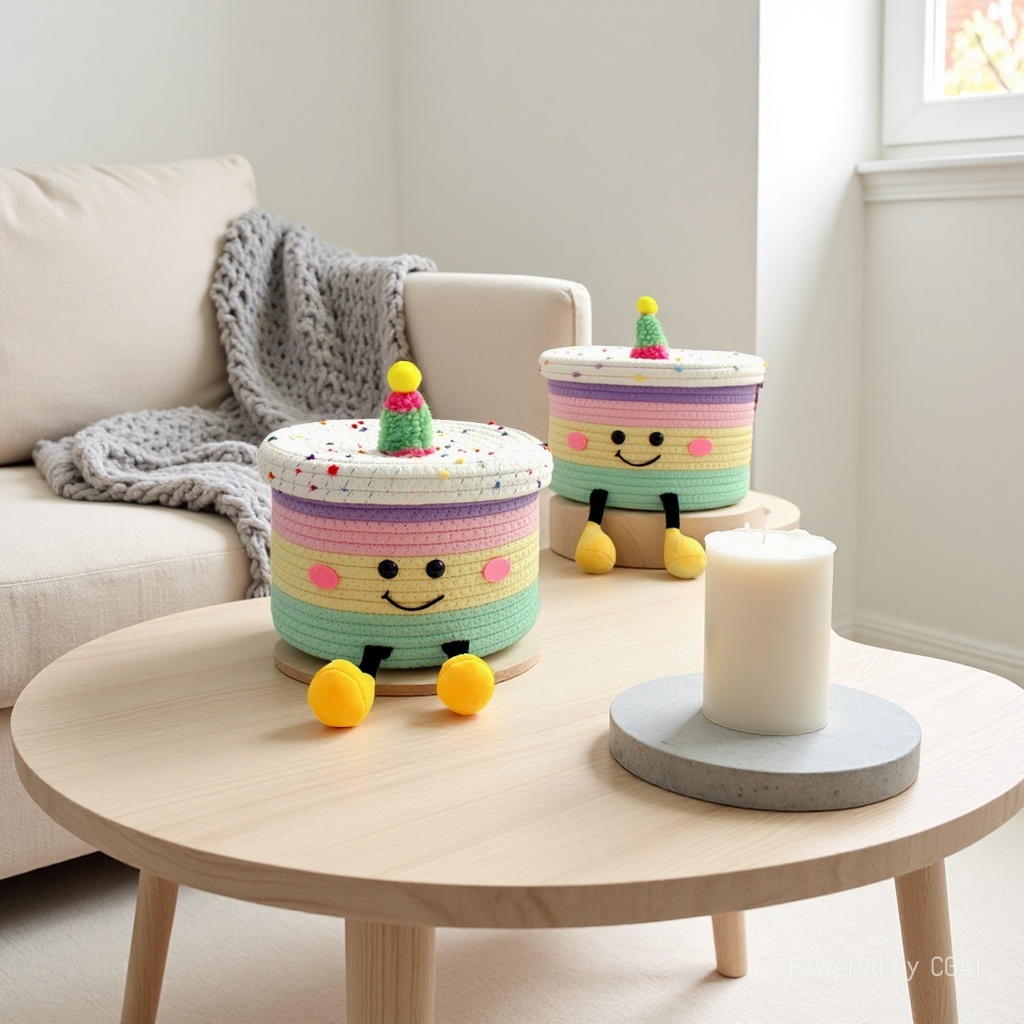 Fun doll cake storage basket, children's toys, cartoon cotton rope woven basket, living room table, snack organization box